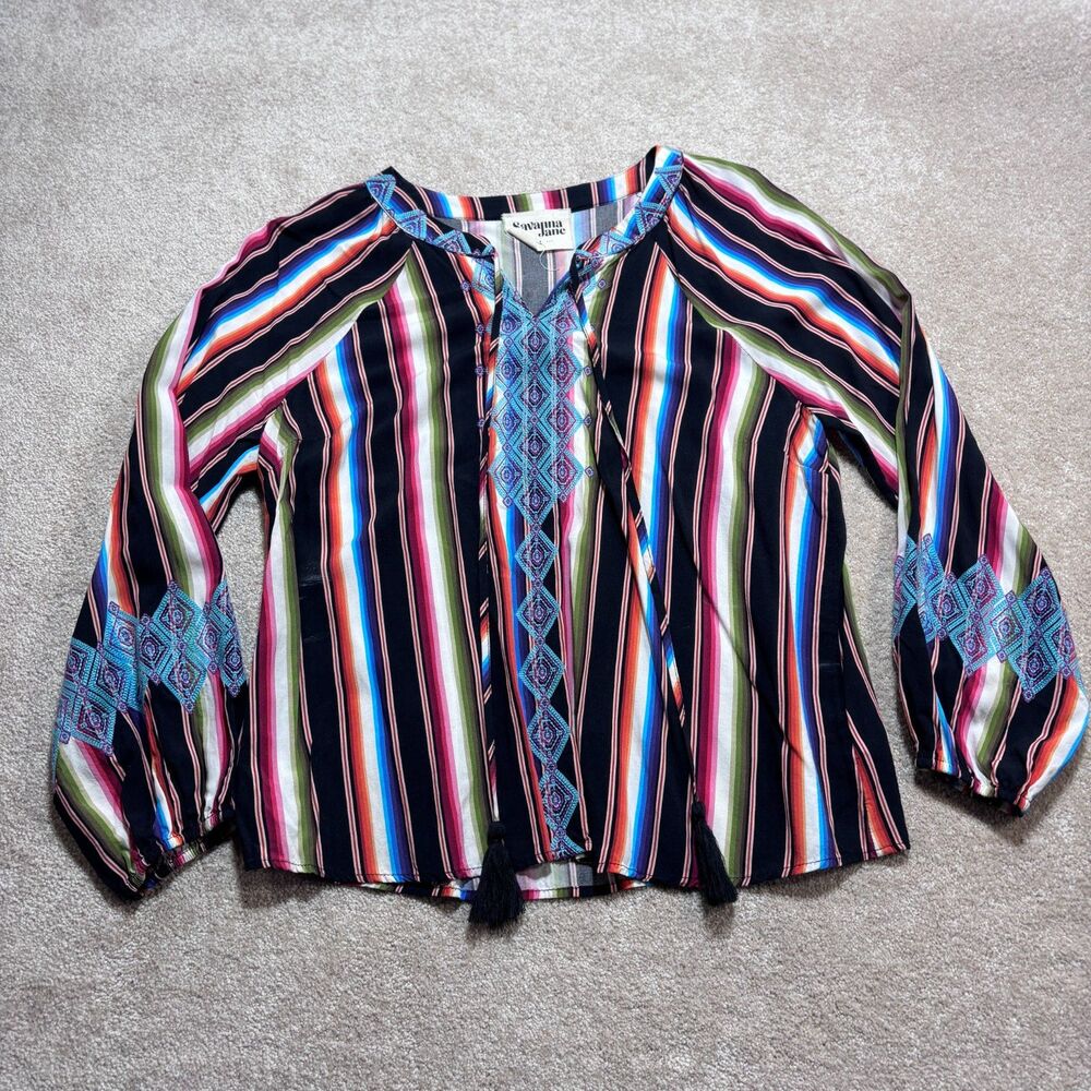 Savannah Jane Multicolor embroidered strip bohemian tunic top, Size L